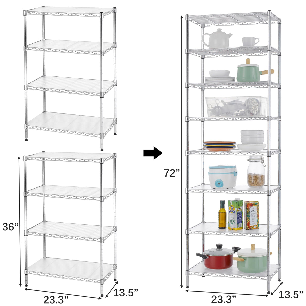 Finnhomy 8-Tier Wire Shelving Unit Adjustable Steel Wire Rack Shelving 8 Shelves Steel Storage Rack or Two 4-Tier Shelving Units with PE mat, Finnhomy