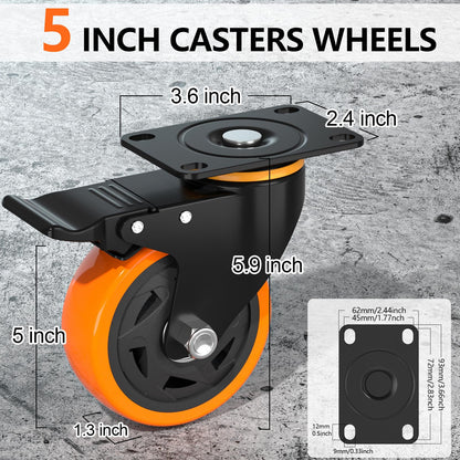 5Inch Caster Wheels (Set of 4), Heavy Duty Casters with Brake 2400 Lbs,Locking Casters Wheels for Furniture, Castor Wheels for Cart, Workbench.(Two