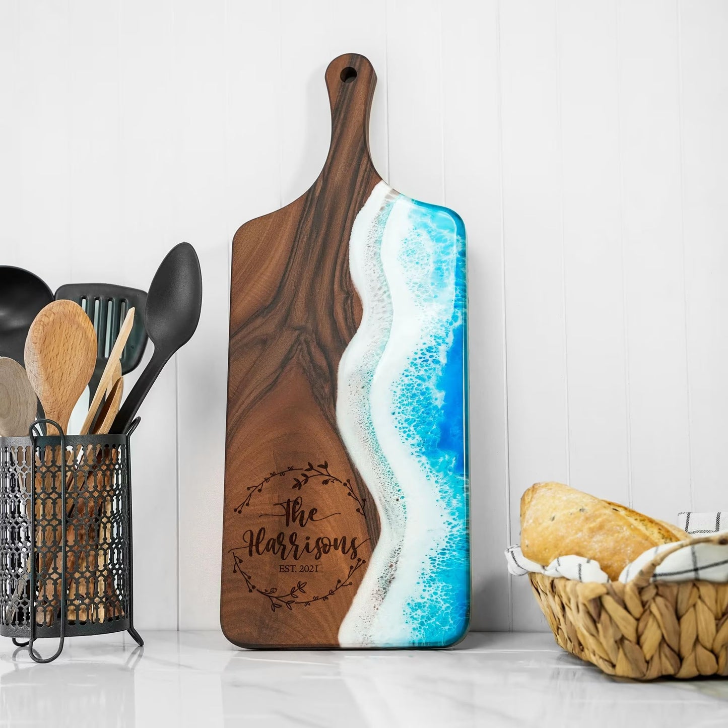 Resin Ocean Personalized Cutting Board, Housewarming Gift for Couple, Wedding Gift, Christmas Anniversary Gift Idea, Epoxy Charcuterie Board - WoodArtSupply