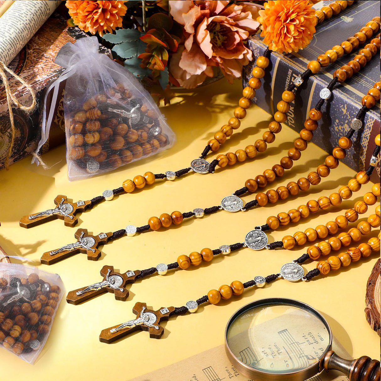 Equsion 24 Set Wooden Bead Rosary Necklace Catholic Rosary Wood Carved Beads with Jesus Cross Our Father Solid Wooden Rosary Beads with Organza Bag Equsion