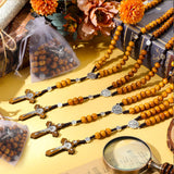 Equsion 24 Set Wooden Bead Rosary Necklace Catholic Rosary Wood Carved Beads with Jesus Cross Our Father Solid Wooden Rosary Beads with Organza Bag Equsion
