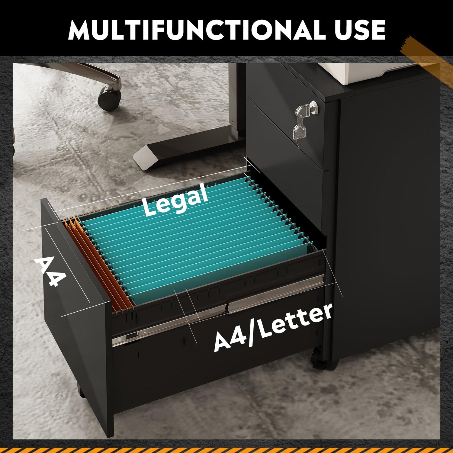 DEVAISE 3 Drawer Vertical File Cabinet, Mobile Filing Cabinet with Slim Width for Home Office, Black DEVAISE