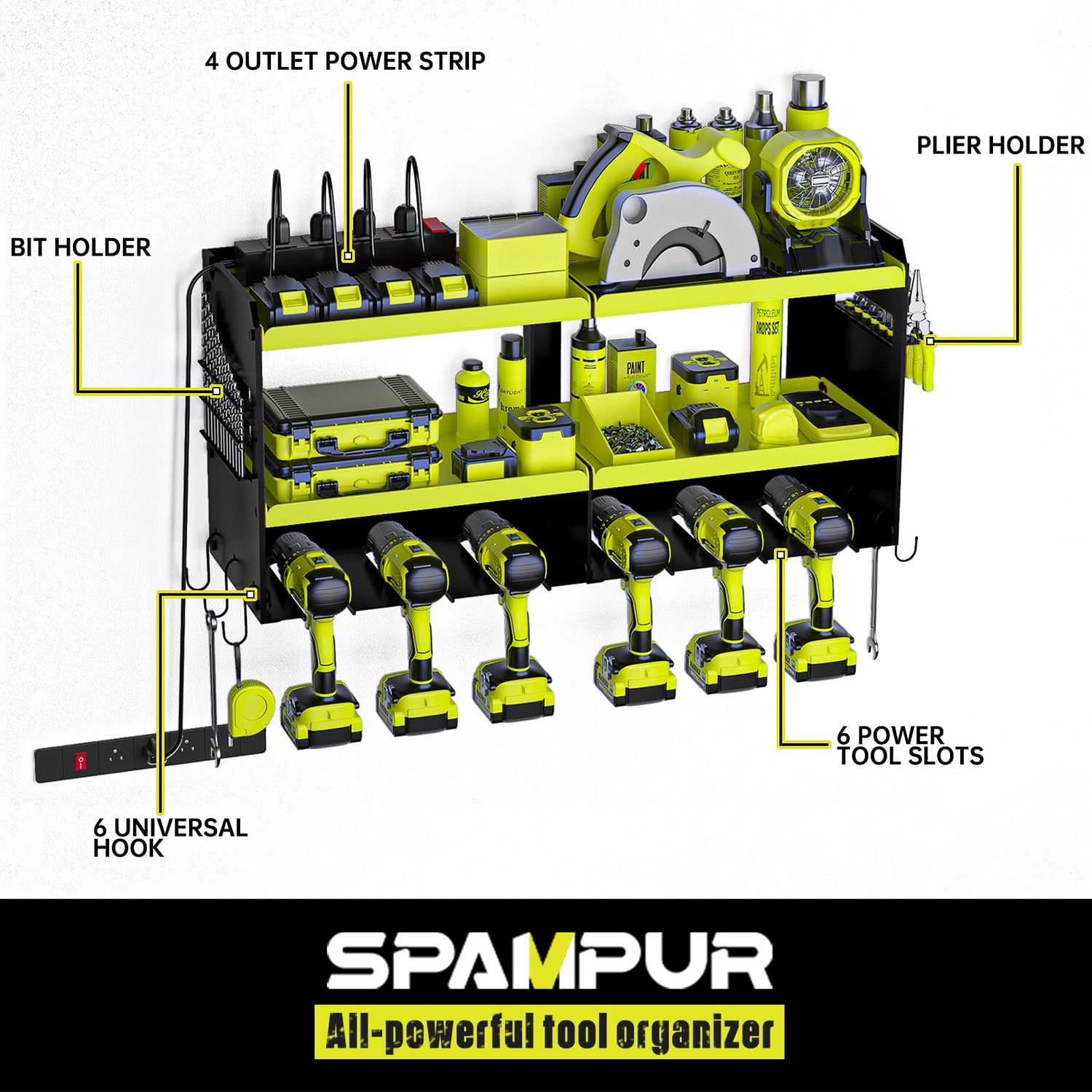 Spampur Power Tool Organizer Wall Mount with Charging Station, Tool Shelf 6 Drill Holders, Heavy Duty Metal Premium Garage Utility Rack, Cordless Spampur