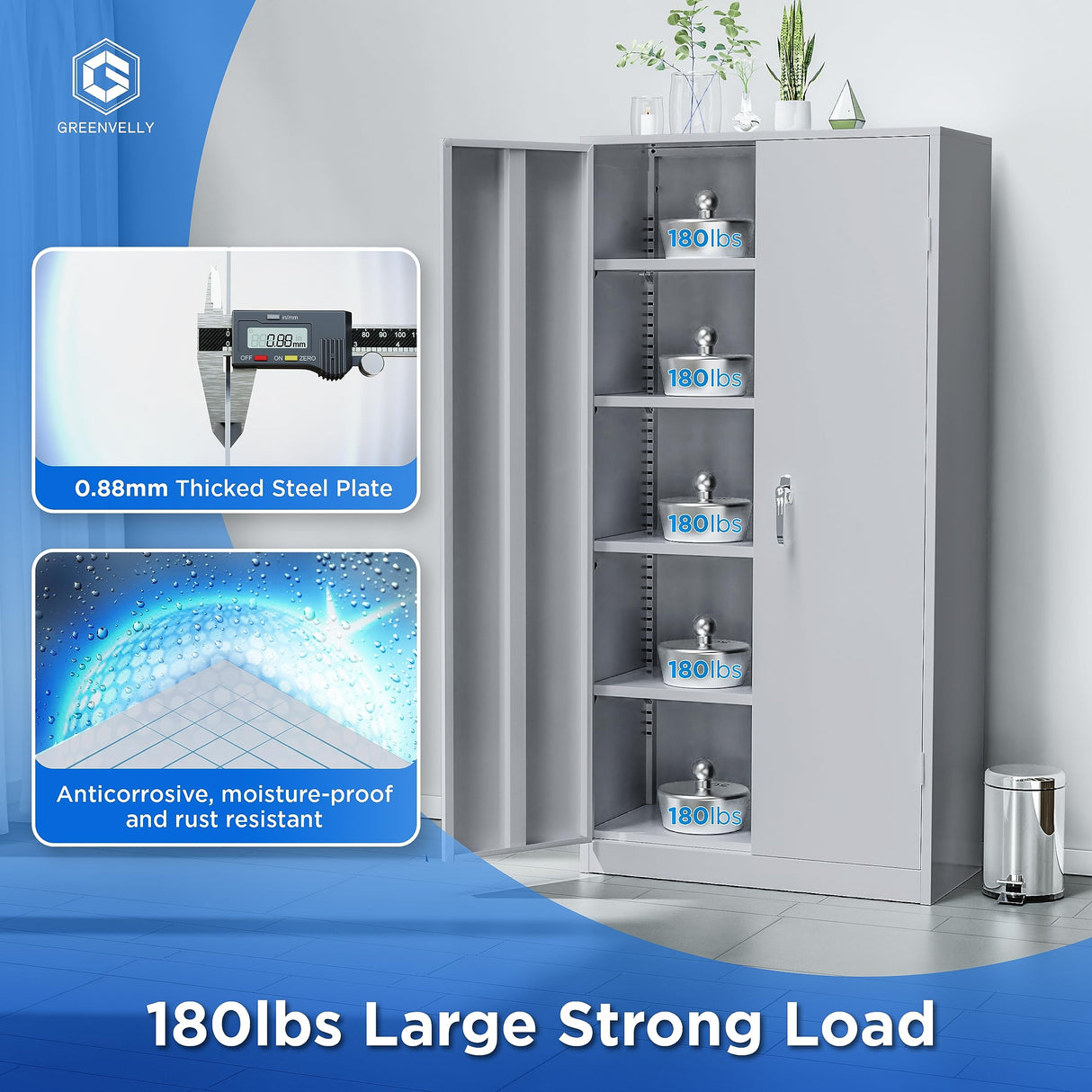 Greenvelly Metal Storage Cabinet, 72” Tall Locking Steel Storage Cabinet with 2 Doors and 4 Adjustable Shelves, Metal File Cabinet for Home Office, Greenvelly