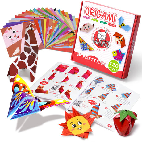 Gamenote Colorful Origami Kit for Kids 54 Projects 120 Double Sided Origami Paper 12 Sheets Practice Papers Instructional Origami Book Origami Gift GAMENOTE