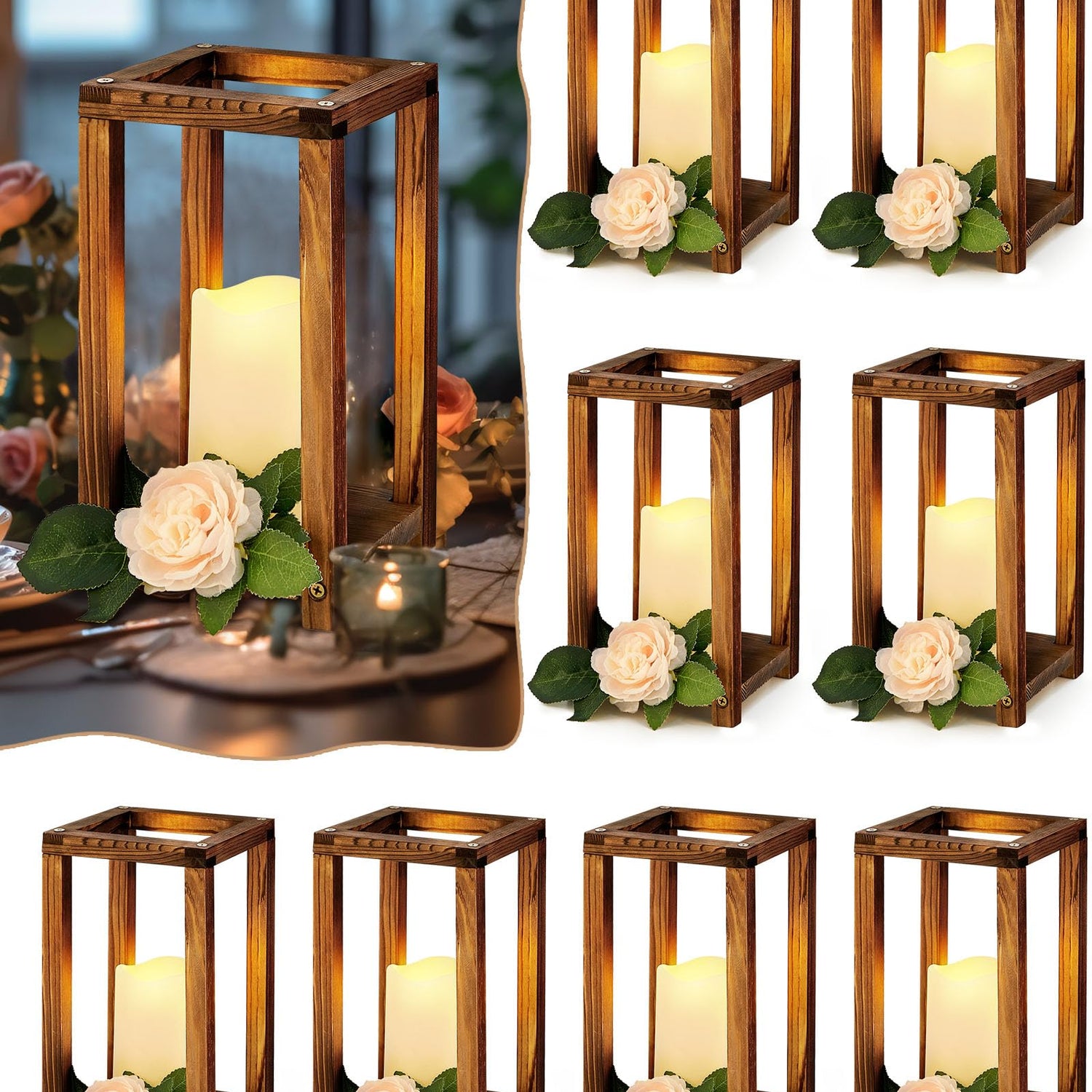 Huquary 16 Pcs Wooden Candle Lantern Set Includes 8 Rustic Wedding Centerpieces for Table Farmhouse Wooden Candle Holder and 8 Flameless Decorative Huquary