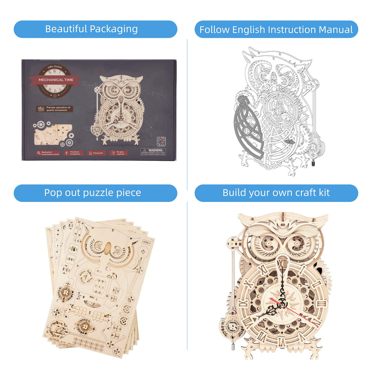 RoWood 3D Puzzles for Adults, Wooden Model Kits for Adults to Build, Birthday Gift for Adults & Teens (161 PCS)- Owl Clock RoWood