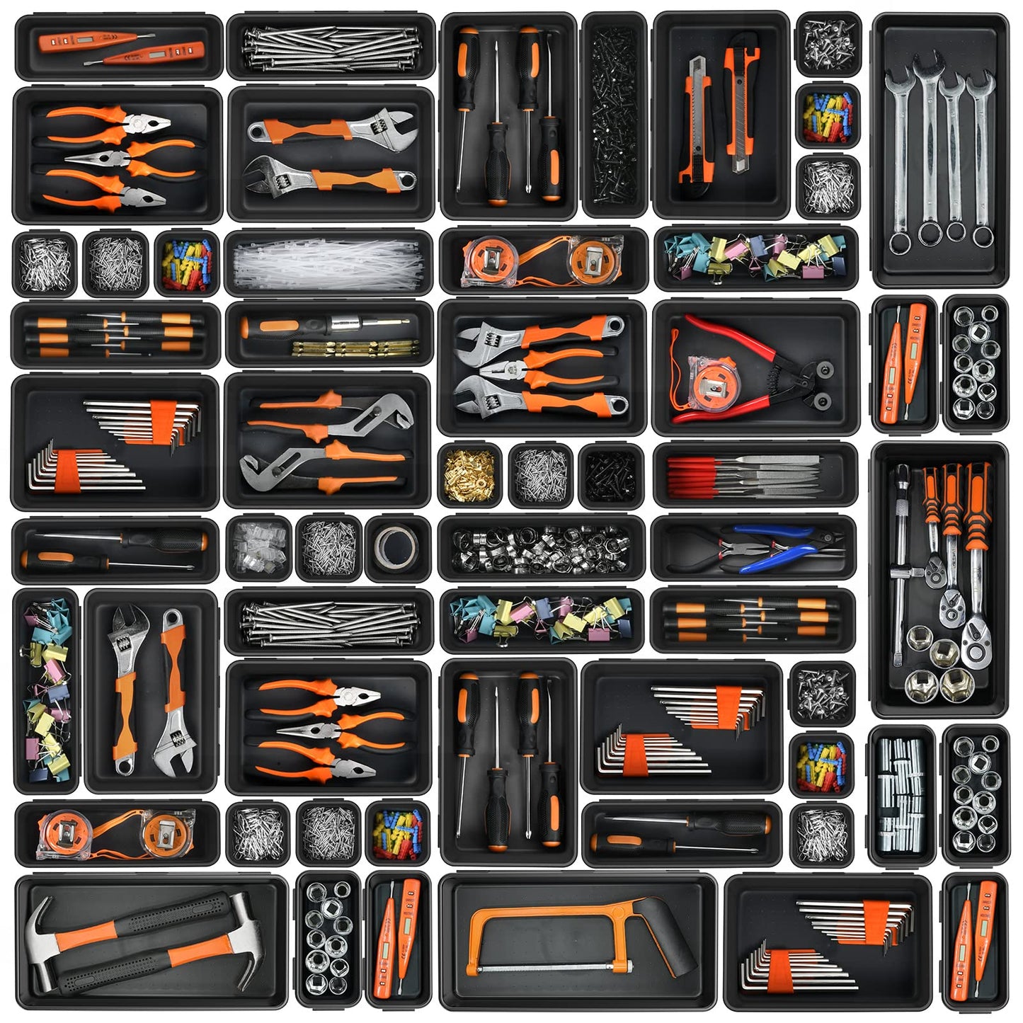 A-LuGei【𝟰𝟲𝗣𝗖𝗦【5 Size】 Tool Box Organizer Tray Divider Set, 【Black】 Desk Drawer Organizer, Garage Organization and Storage Toolbox Accessories Rolling
