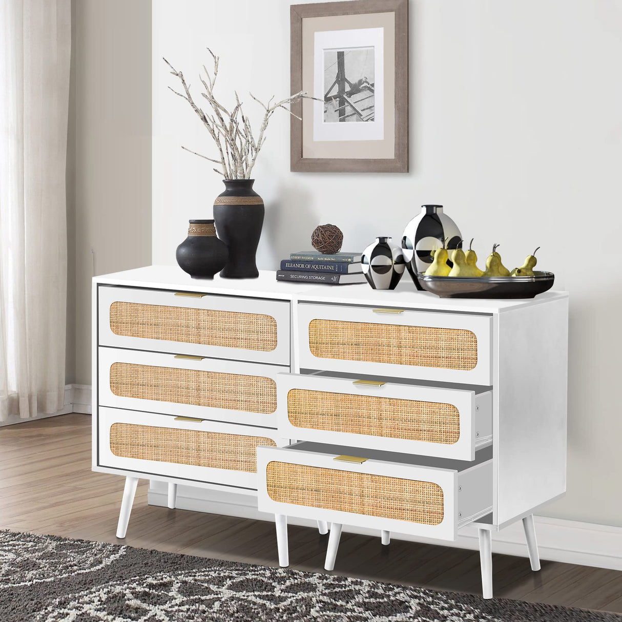 RARZOE 2 Sets of Rattan Nightstand Dresser Chest of 3 Drawers, Rattan Wood Storage Dresser Cabinet Organizer Unit for Bedroom Living Room Closet RARZOE