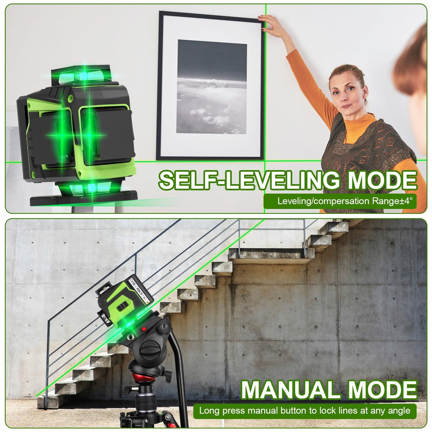 16 Lines Laser Level Self Leveling, 4x360°Professional 4D Green Cross Line laser Level for Construction and Picture Hanging with 2 Batteries, - WoodArtSupply