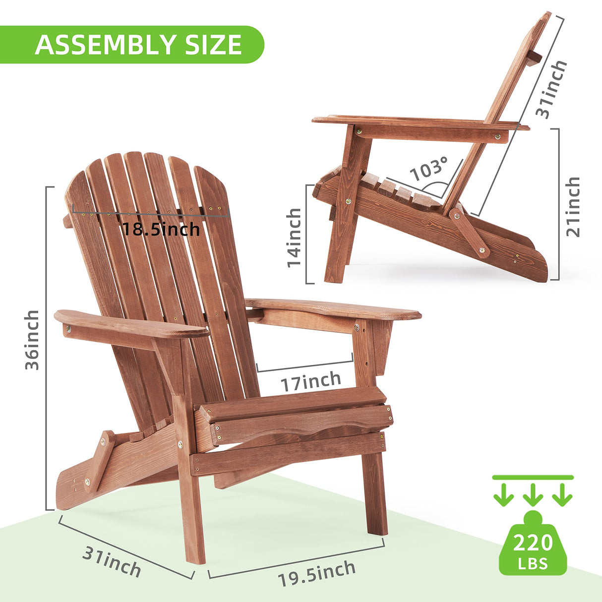 Outdoor Wooden Folding Adirondack Chair Set of 2 with Pre-Assembled BackRest, Wood Patio Chair for Garden Backyard Porch Pool Deck Firepit SoliWood