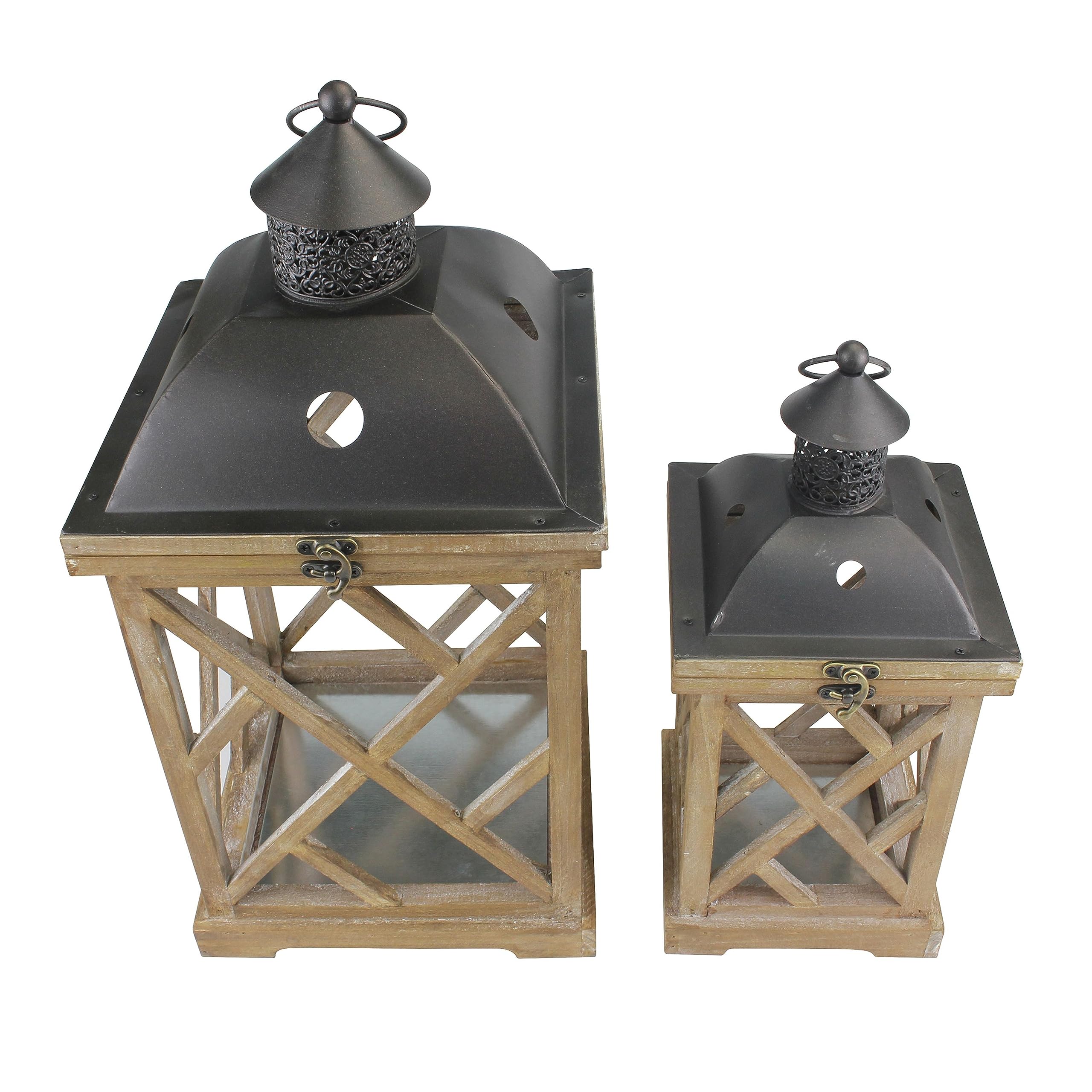 Stonebriar Decorative Wooden Hurricane Candle Lantern Set - Thumbnail 2
