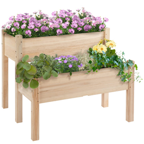 Outsunny 34"x34"x28" Raised Garden Bed, 2-Tier Elevated Wood Planter Box for Backyard, Patio to Grow Vegetables, Herbs, and Flowers, Natural Outsunny