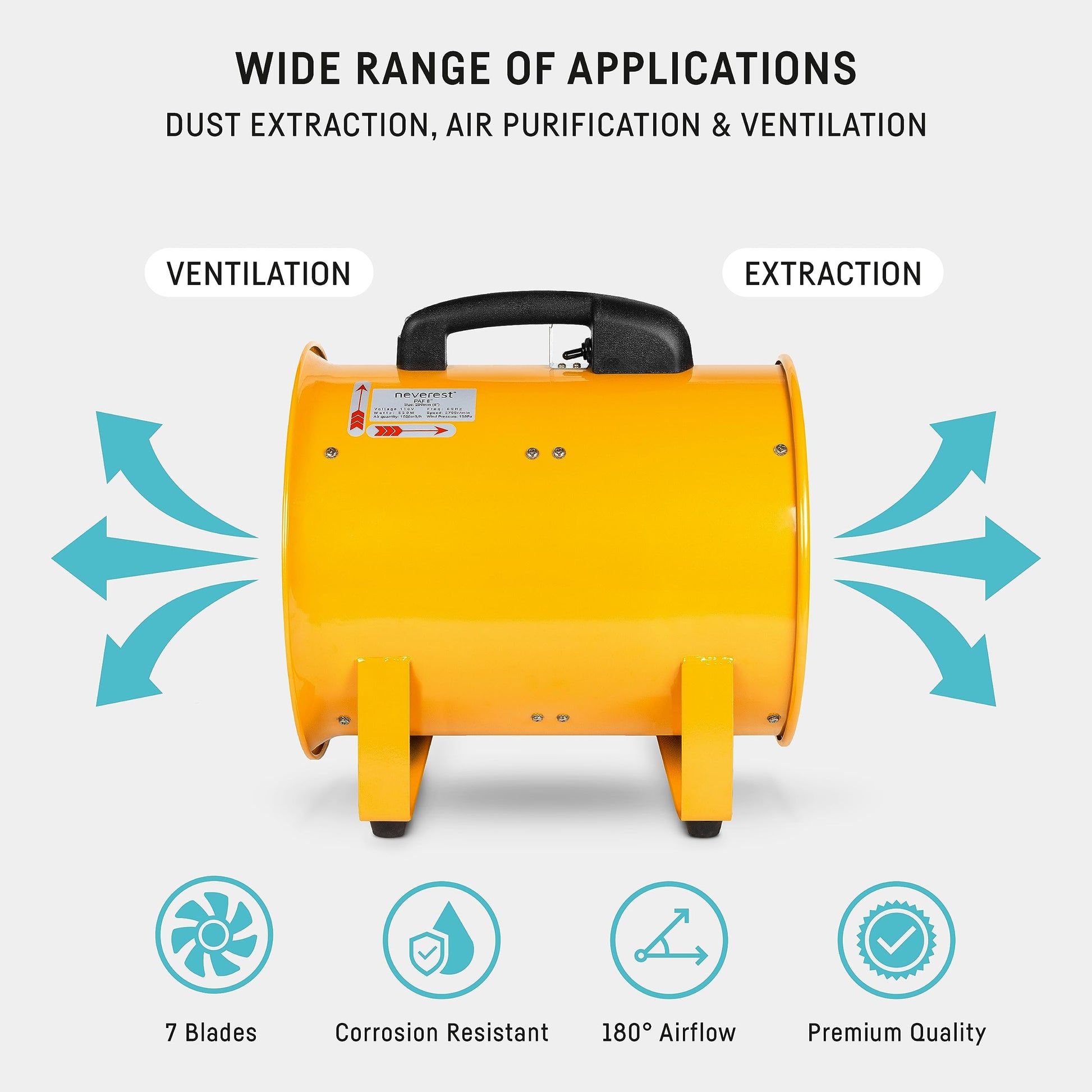 neverest Portable Blower Exhaust Fan 12 inch Strong Shop Ventilation Fan 4100 CFM 3050 RPM, 380 W, Construction Fan With Hose, Industrial Air Blower - WoodArtSupply