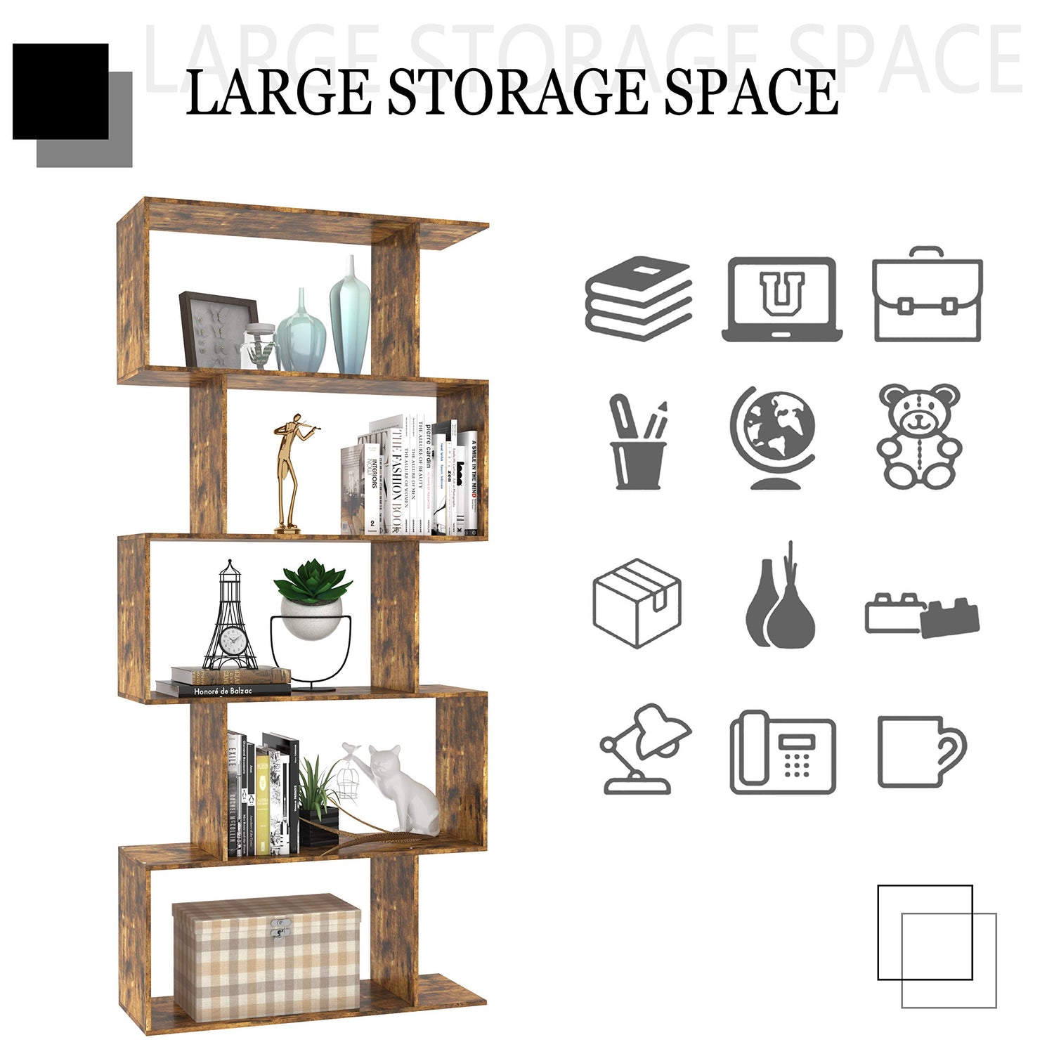 Yusong Rustic Brown 6-Tier S-Shaped Bookcase for Modern Home and Office Décor Yusong