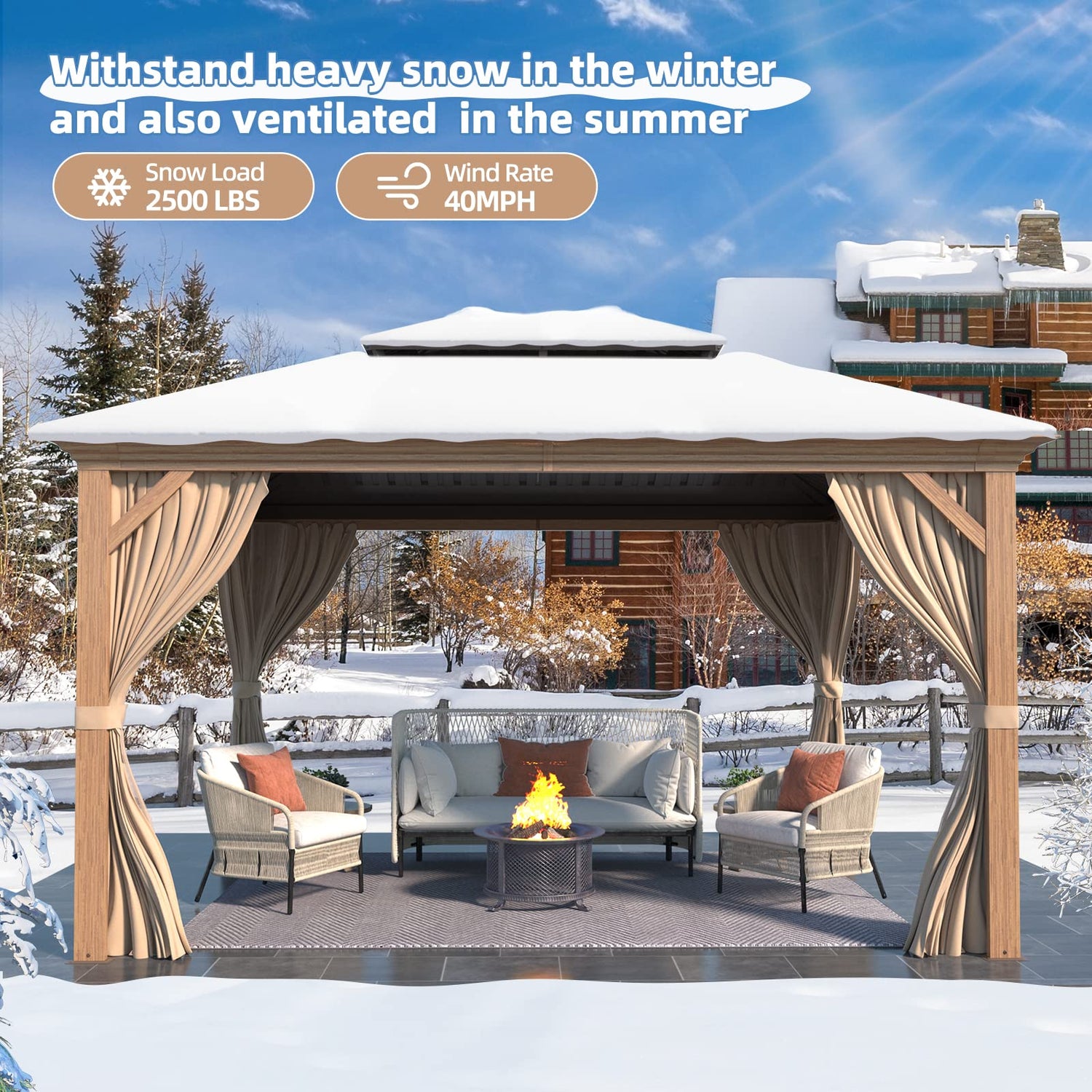 MELLCOM 10' x 12' Hardtop Gazebo, Wooden Finish Coated Aluminum Frame Gazebo with Galvanized Steel Double Roof, Brown Metal Gazebo with Curtains and MELLCOM