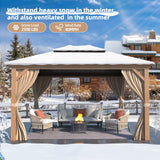 MELLCOM 10' x 12' Hardtop Gazebo, Wooden Finish Coated Aluminum Frame Gazebo with Galvanized Steel Double Roof, Brown Metal Gazebo with Curtains and MELLCOM