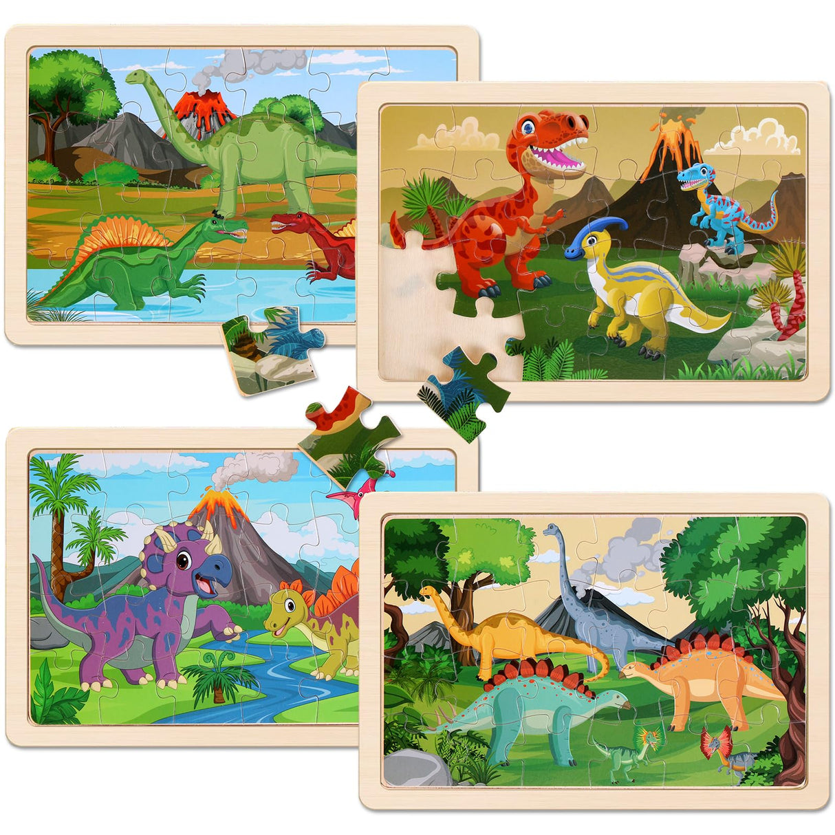Wooden Puzzles Dinosaur Toys for Kids Ages 3-5, Set of 4 Packs with 24-Piece Wood Jigsaw Puzzles, Preschool Educational Brain Teaser Boards for Boys NASHRIO