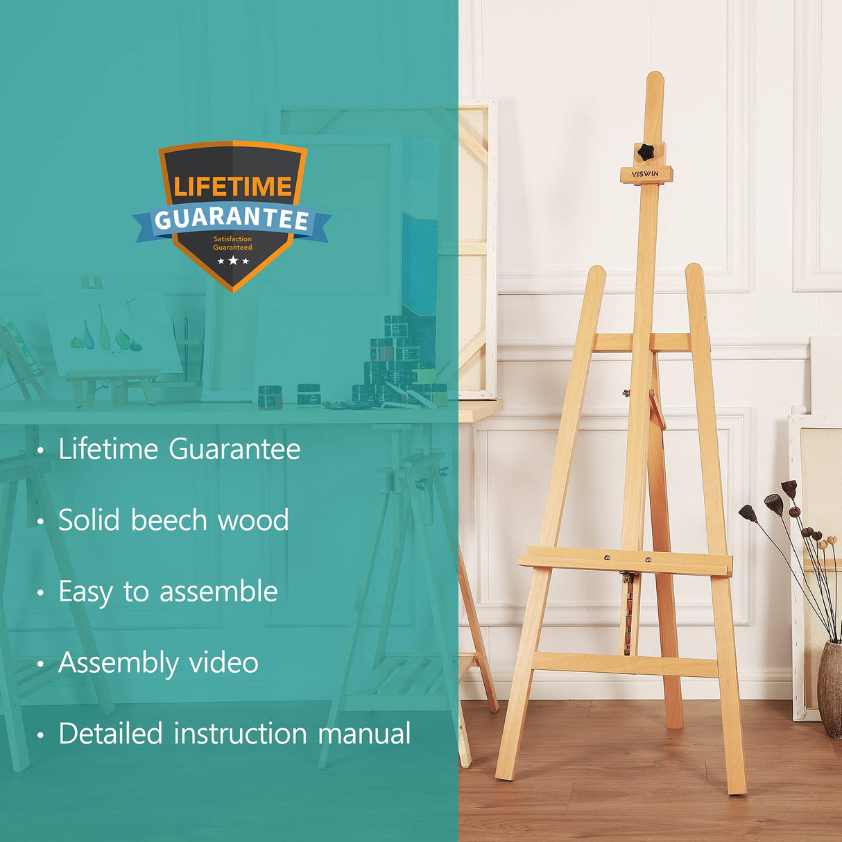 VISWIN Adjustable Height Display Easel 57" to 76", Holds Canvas up to 43", Holds 22 lbs, Beech Wood Art Easel for Painting, Easy to Assemble Floor VISWIN