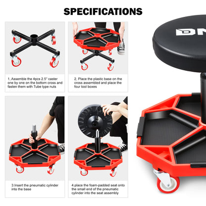 DNA MOTORING TOOLS-00253 Adjustable Height Pneumatic Garage Seat Rolling Mechanic Stool with Tool Tray Storage,300lbs Max Weight Capacity - WoodArtSupply