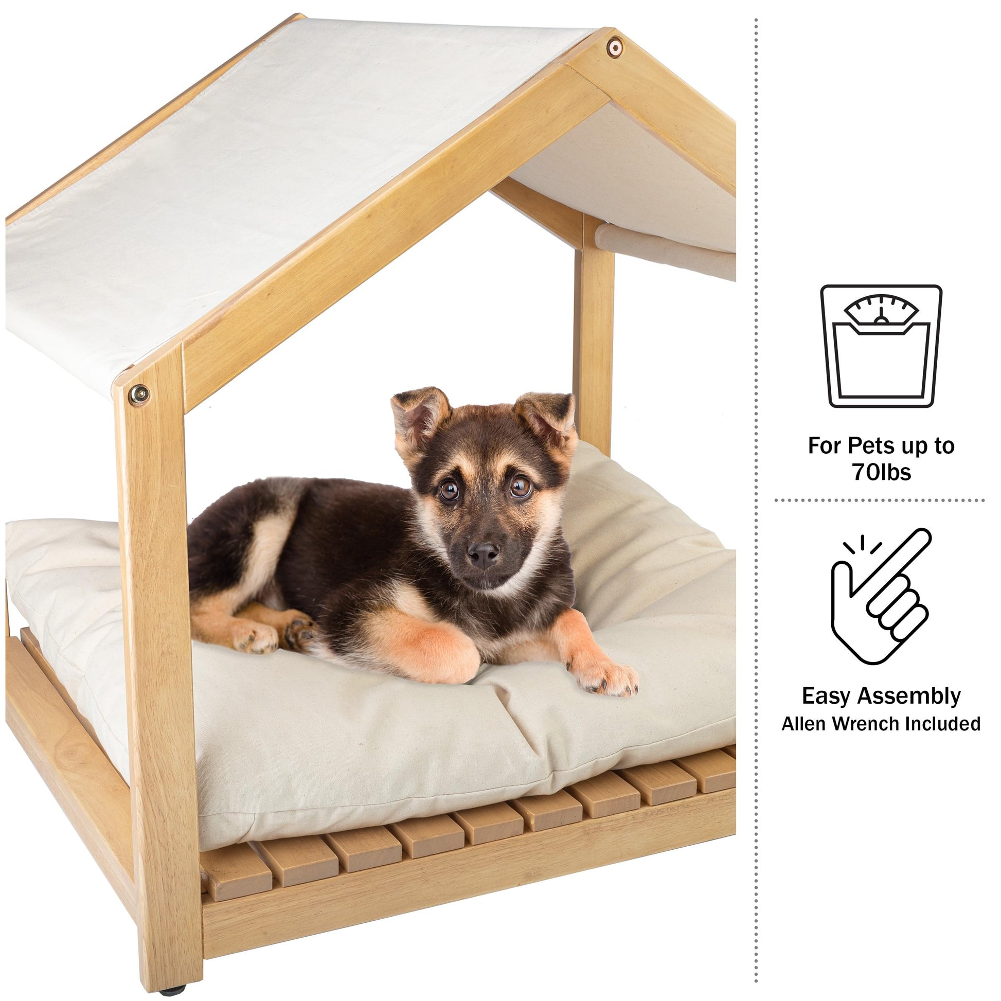 Dog House - 30x24-Inch Indoor Dog House with Soft Cushion and Adjustable Canopy - Wood Dog Furniture for Small to Medium Pets up to 70lbs by PETMAKER - WoodArtSupply