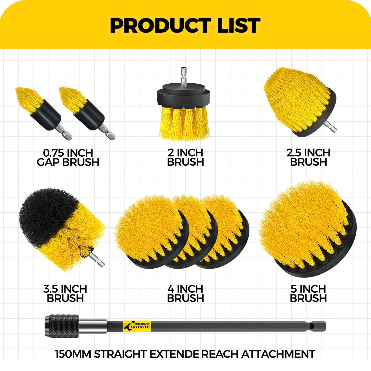 Holikme 10Pieces Drill Brush Attachments Set, Power Scrubber Brush with Extend Long Attachment，Scrub Brush，Shower Scrubber，Cleaning Supplies,Yellow - WoodArtSupply