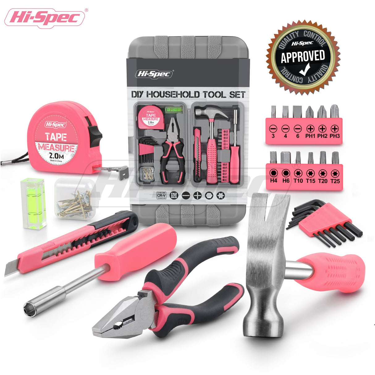 Hi-Spec 25pc Pink Household DIY Tool Kit for Women. Small Mini Tool Box Set of Starter Basic Ladies Tools For Home & Office Hi-Spec