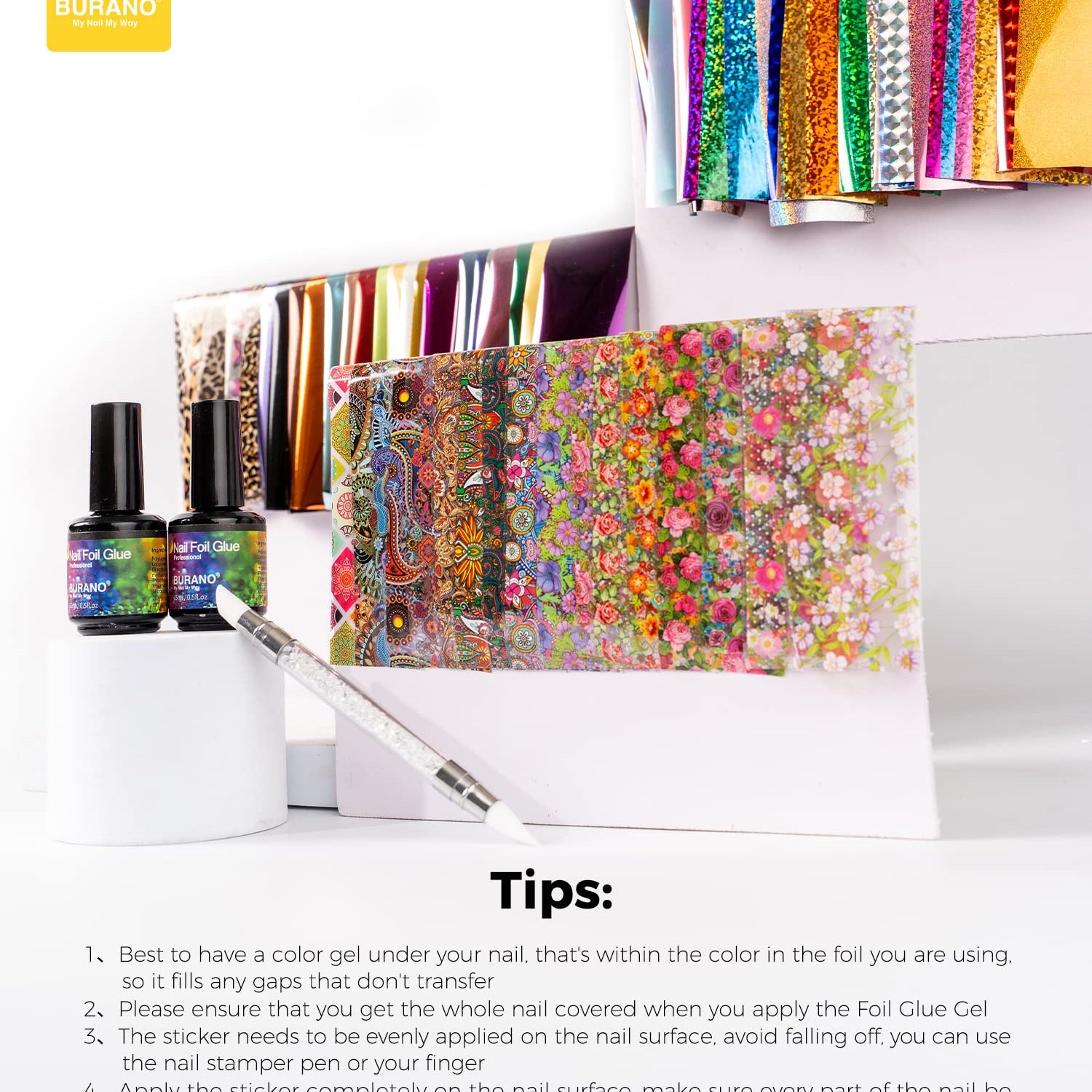 BURANO Nail Art Foil Glue Gel, 15ML 2 Bottles with 60PCS Foils Sticker, Nails Designer Adhesive Transfer Art UV LED Lamp Required BURANO