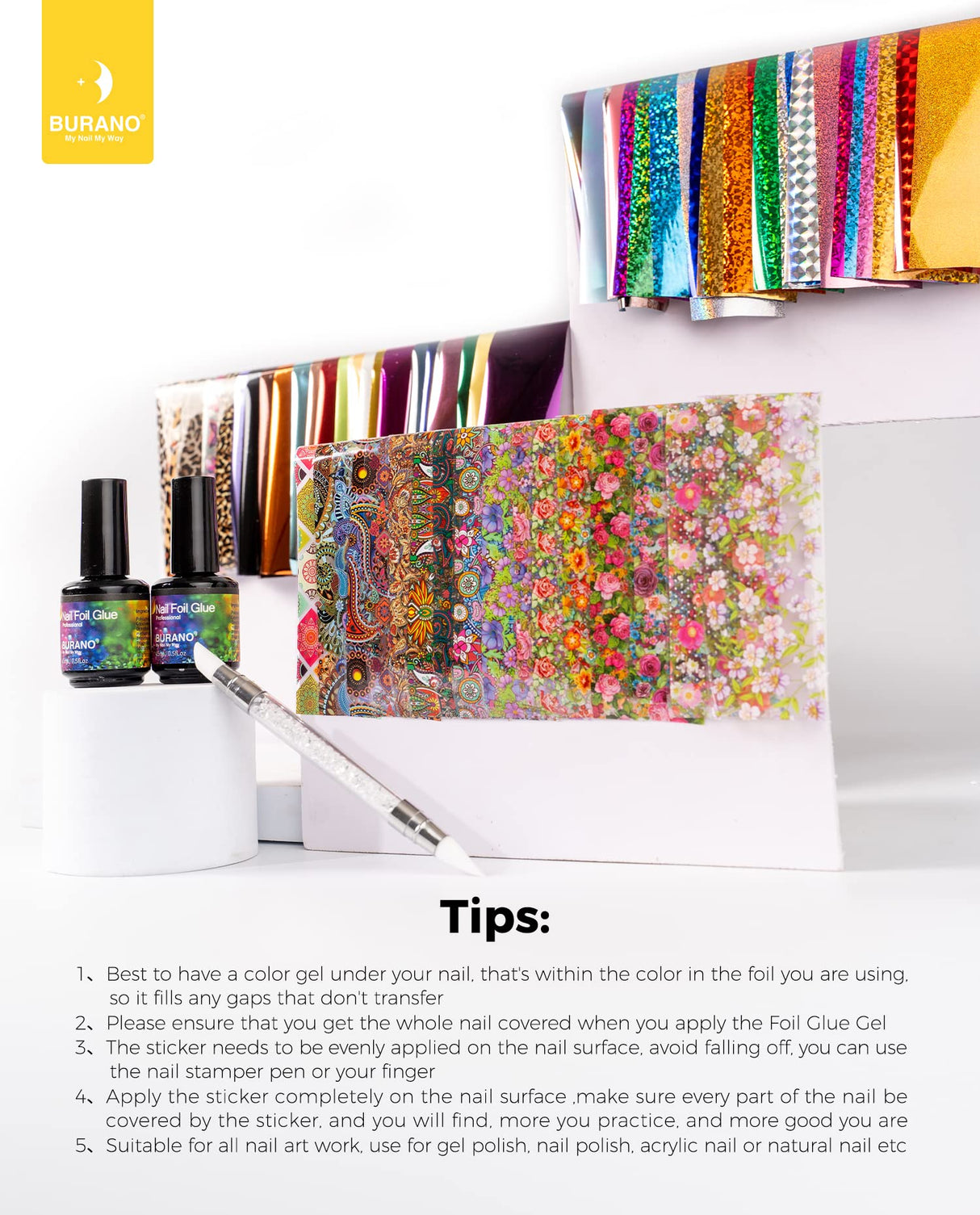 BURANO Nail Art Foil Glue Gel, 15ML 2 Bottles with 60PCS Foils Sticker, Nails Designer Adhesive Transfer Art UV LED Lamp Required BURANO