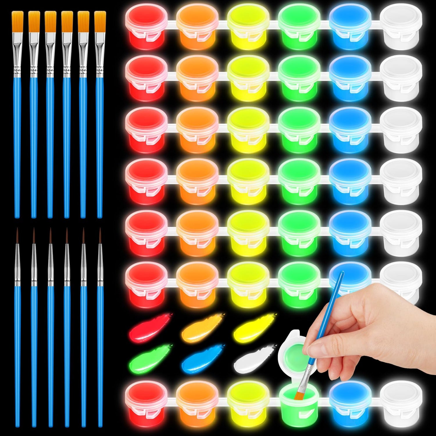 Fulmoon 6 Set Glow in The Dark Paint with Paint Brushes Black Light Neon Face Body Paint UV Acrylic Paint Set for Kids Halloween Christmas Painting Fulmoon