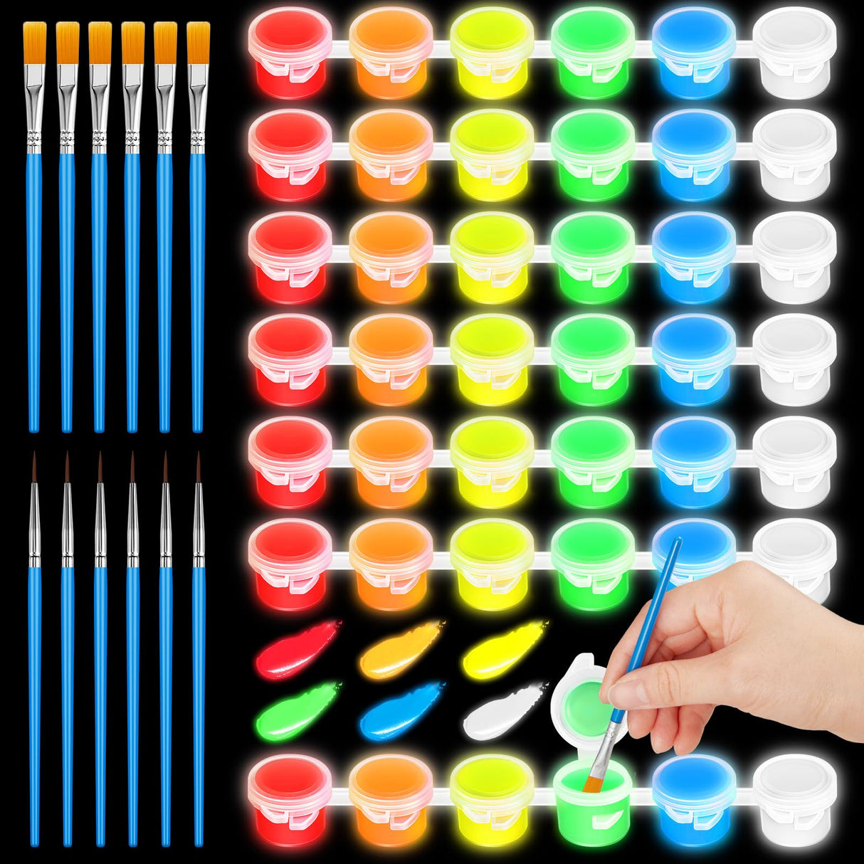 Fulmoon 6 Set Glow in The Dark Paint with Paint Brushes Black Light Neon Face Body Paint UV Acrylic Paint Set for Kids Halloween Christmas Painting Fulmoon