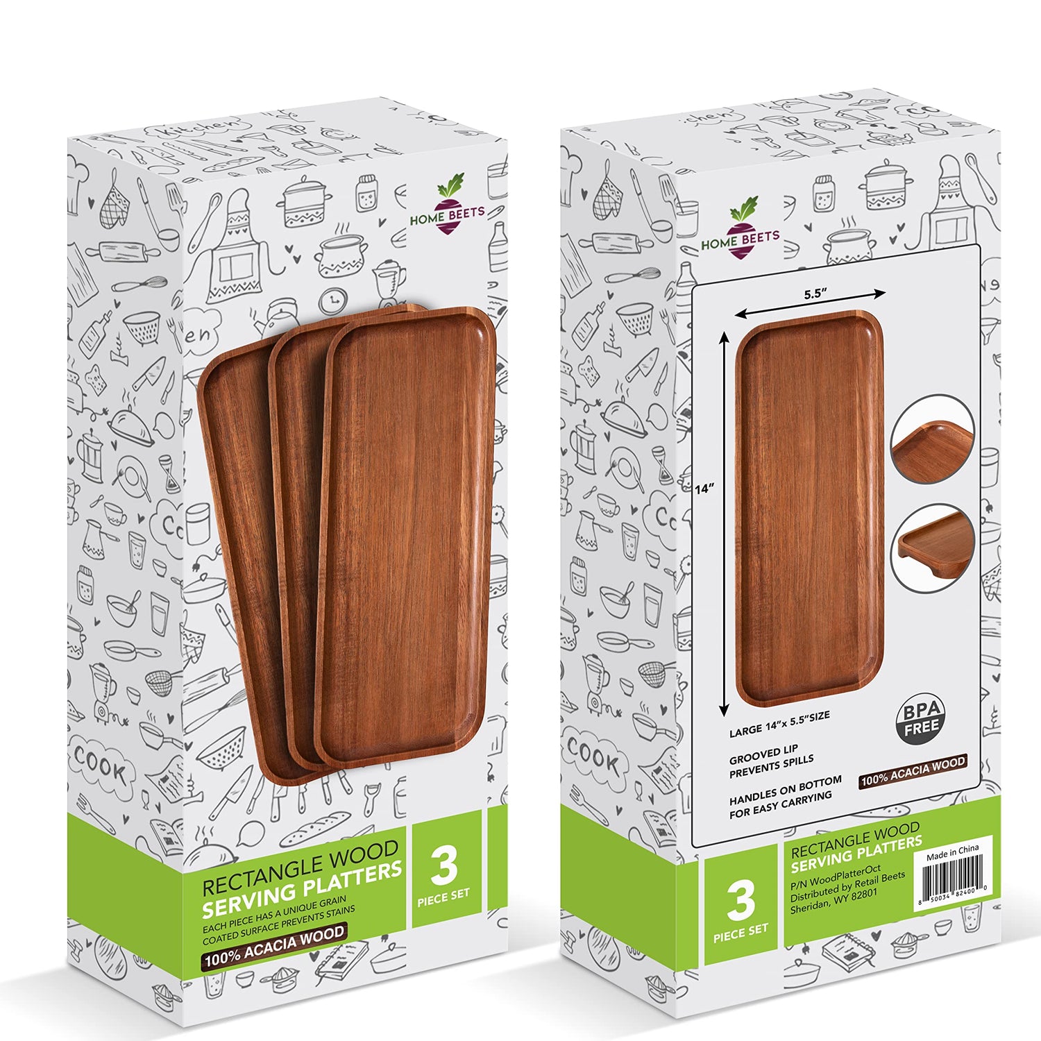 Solid Acacia Wood Serving Trays (14 x 5.5 inches) Rectangular Wooden Large Serving Platters for Food, Wooden Tray for Charcuterie, Appetizer Serving Home Beets