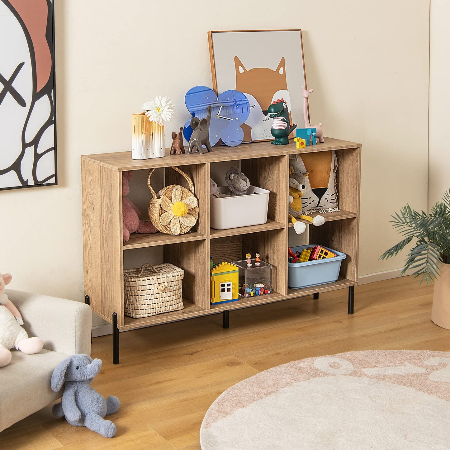 Giantex Natural 6-Cube Bookcase with Adjustable Shelves and Metal Legs - WoodArtSupply