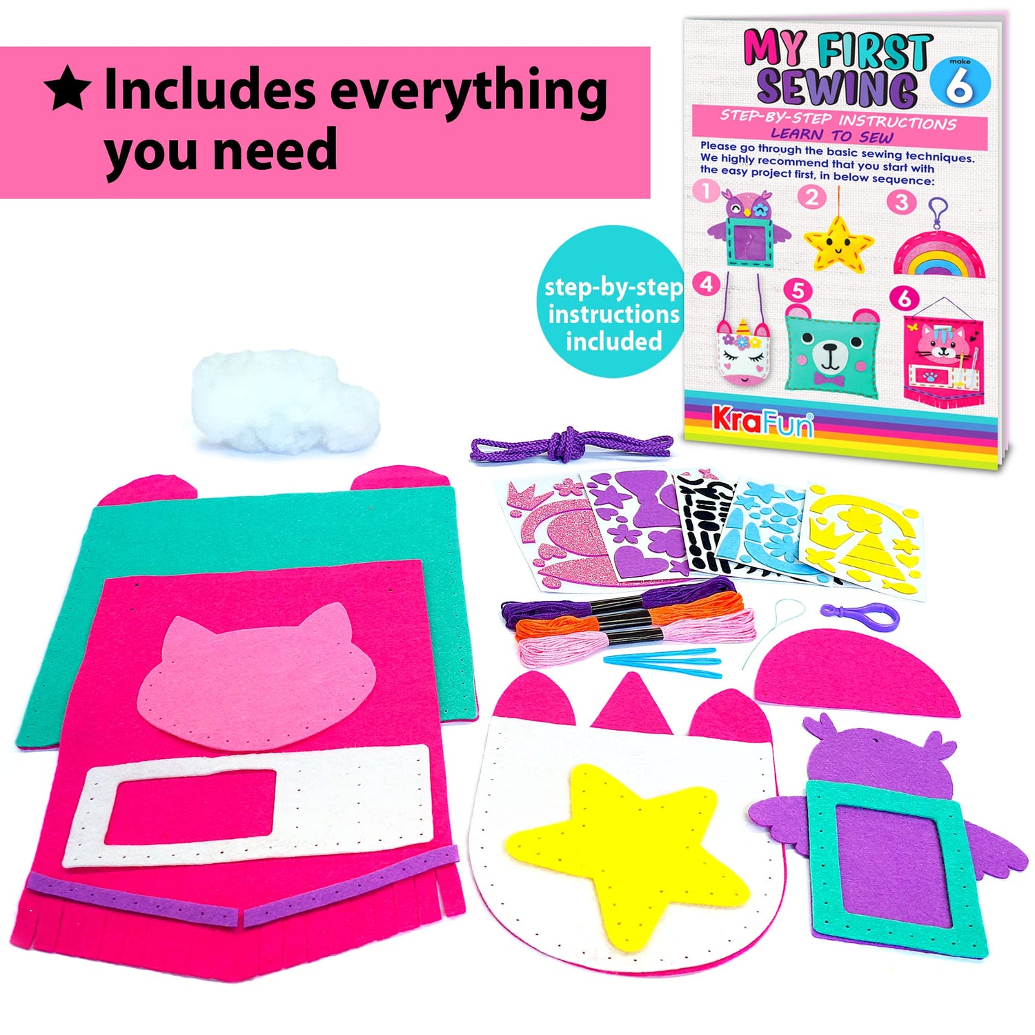 KRAFUN My First Sewing Kit for Beginner Kids Arts & Crafts, 6 Easy DIY Projects of Stuffed Animal Dolls and Plush Pillow Craft, Instructions & Felt, KRAFUN