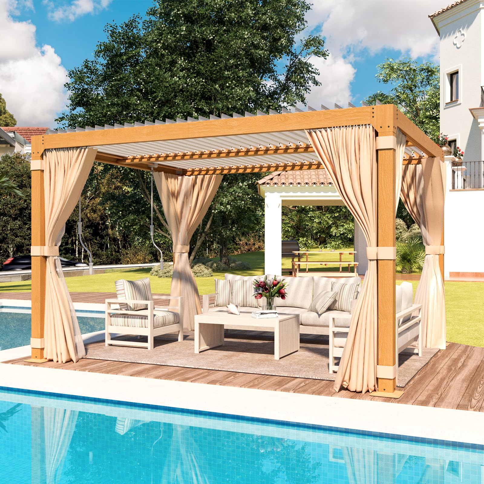 MELLCOM Louvered Pergola 10x12, Aluminum Pergola with Adjustable Louvered Roof, Wood Grain Outdoor Small Pergola with Waterproof Curtains and Nets - WoodArtSupply