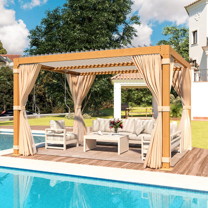 MELLCOM Louvered Pergola 10x12, Aluminum Pergola with Adjustable Louvered Roof, Wood Grain Outdoor Small Pergola with Waterproof Curtains and Nets - WoodArtSupply