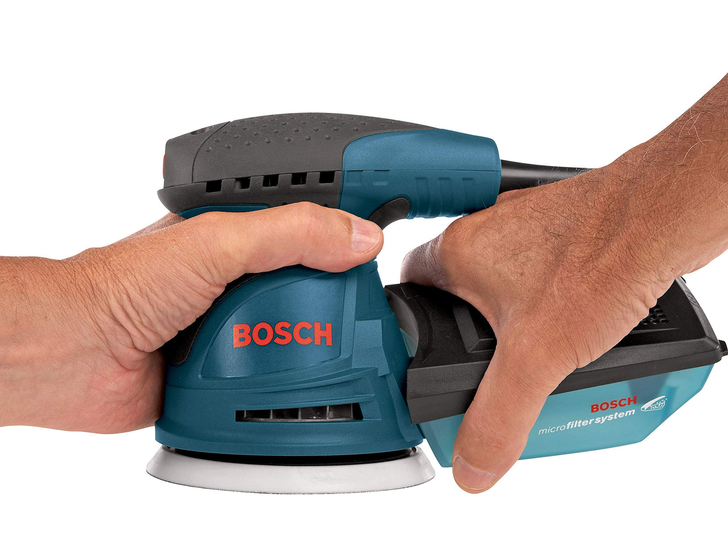 BOSCH ROS20VSC Palm Sander 2.5 Amp 5 In. Corded Variable Speed Random Orbital Sander/Polisher Kit with Dust Collector and Soft Carrying Bag, Blue - WoodArtSupply