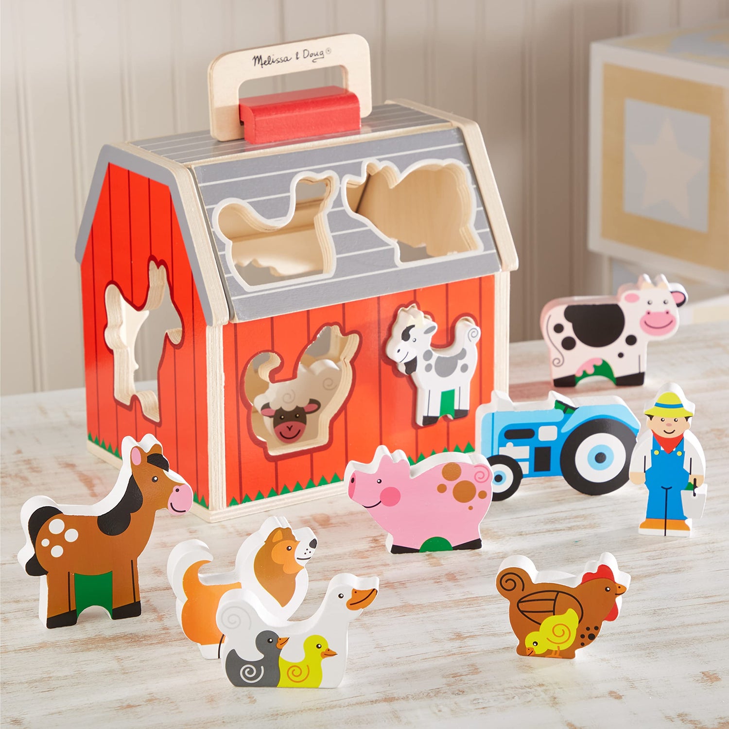 Melissa & Doug Wooden Take-Along Sorting Barn Toy with Flip-Up Roof and Handle, 10 Wooden Farm Play Pieces - Farm Toys, Shape Sorting And Stacking Melissa & Doug