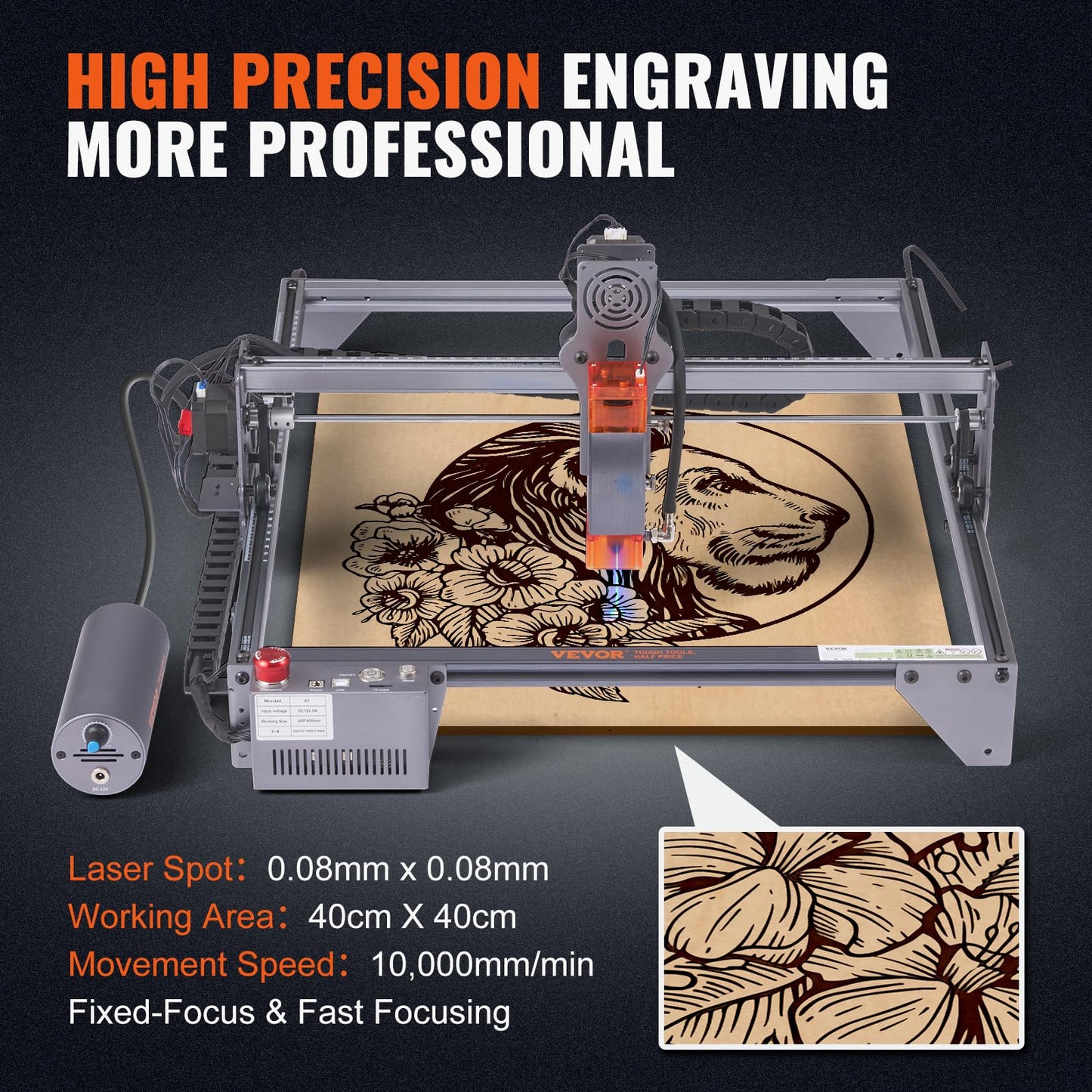 VEVOR, 10W Output Engraving Machine, 15.7" x 15.7" Large Working Area 10000mm/min Movement Speed, Compressed Spot with Eye Protection, Laser Cutter