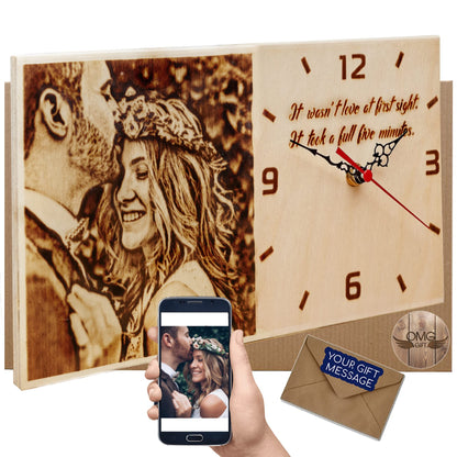 Personalized Wood Burned Photo Clock - Valentines Day Gifts for Her - Wife - Traditional Gifts for 5 Year Anniversary - Custom Wooden Photo Gifts - - WoodArtSupply