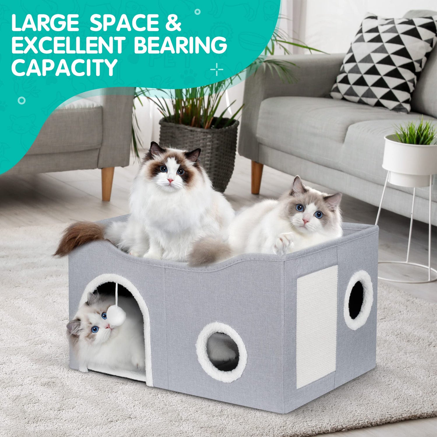 Heeyoo Cat House for Indoor Cats - Large Cat Bed Cave with Fluffy Ball and Scratch Pad, Foldable Cat Condos, Cat Cubes, Cat Hideaway, Covered Cat Bed Heeyoo