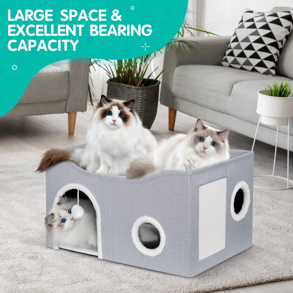 Heeyoo Cat House for Indoor Cats - Large Cat Bed Cave with Fluffy Ball and Scratch Pad, Foldable Cat Condos, Cat Cubes, Cat Hideaway, Covered Cat Bed Heeyoo
