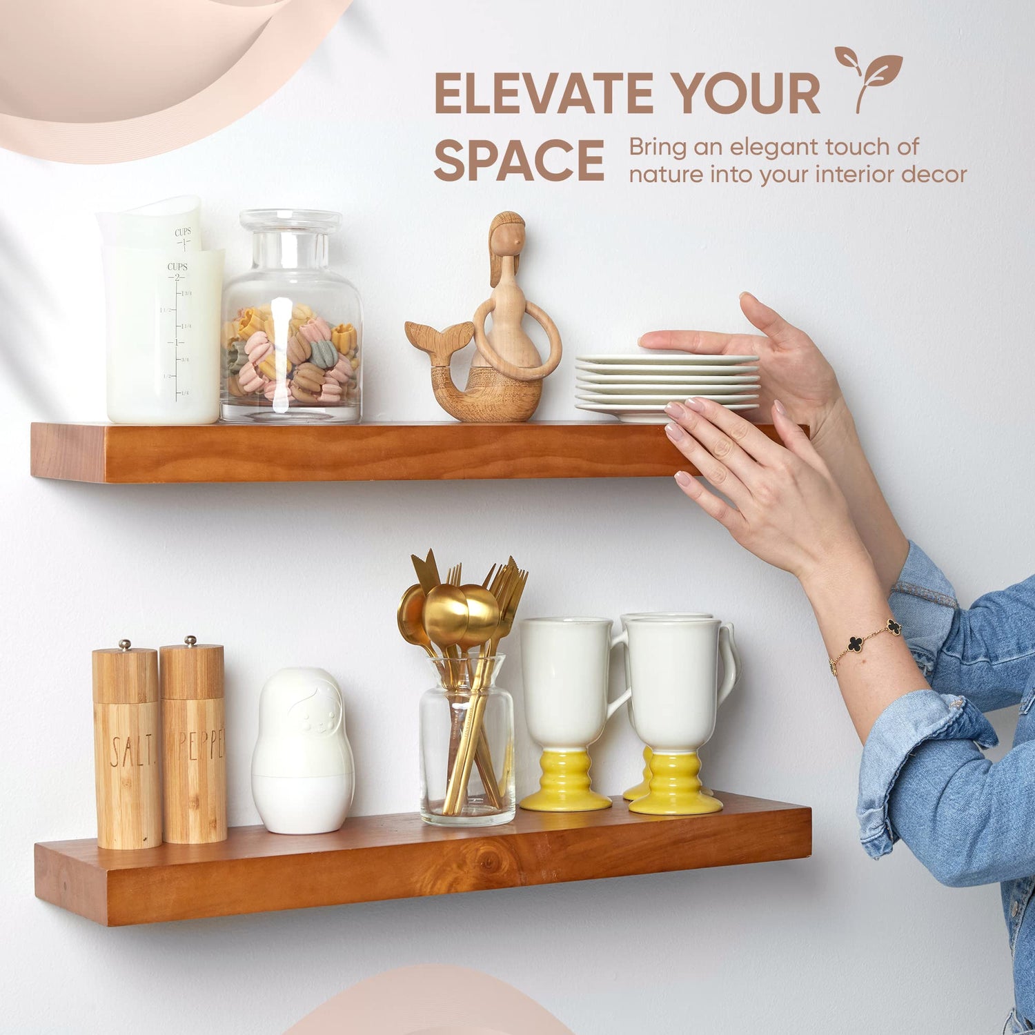 Homeforia Rustic Farmhouse Floating Shelves - Bathroom Wooden Shelves for Wall Mounted - Thick Industrial Kitchen Wood Shelf - 24 x 6.5 x 1.75 inch - Homeforia