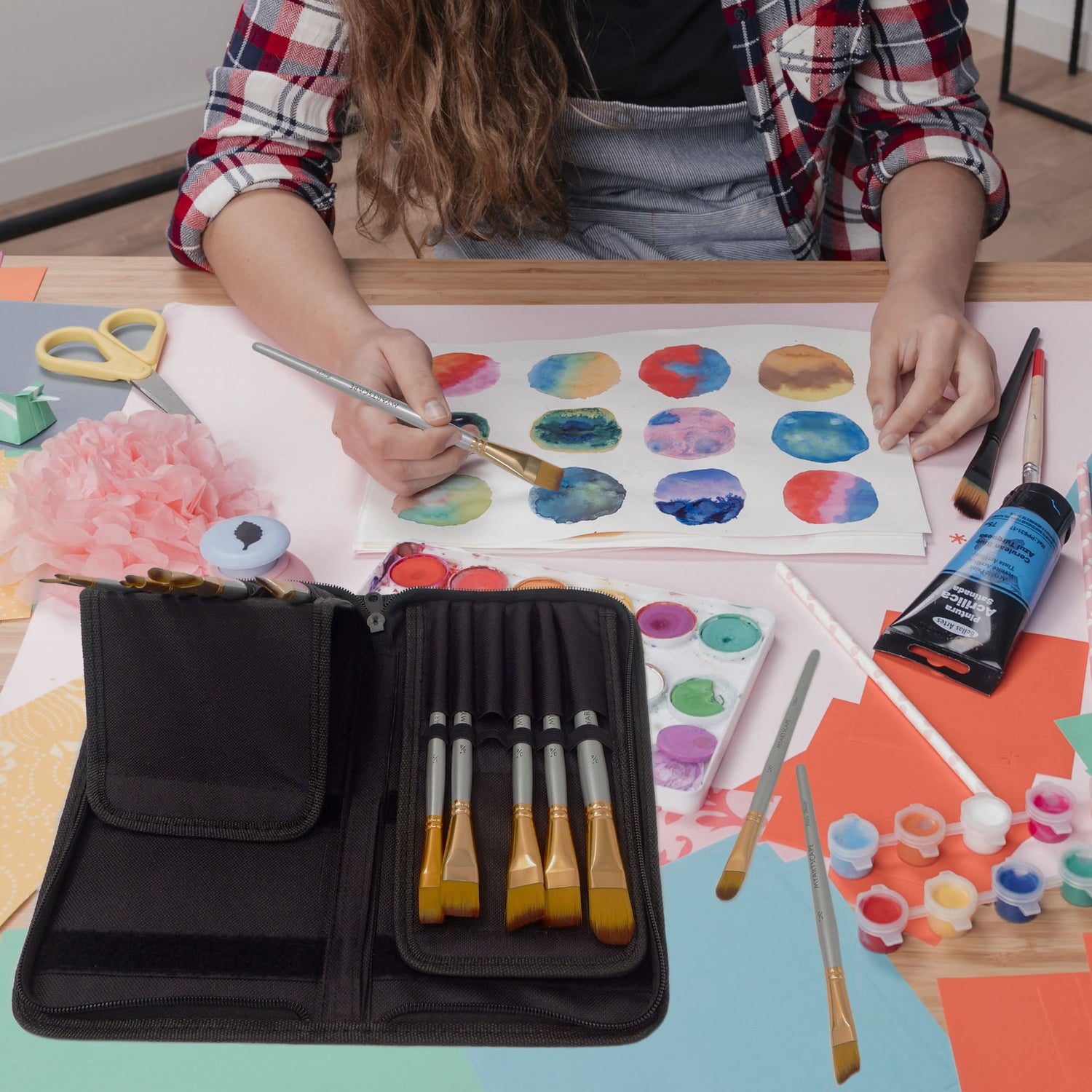 MyArtscape Artist Quality Painting Set - Acrylic Paint - 12 x 12ml Tubes - paired with Short Handle Artist Paintbrushes with Travel Holder MyArtscape