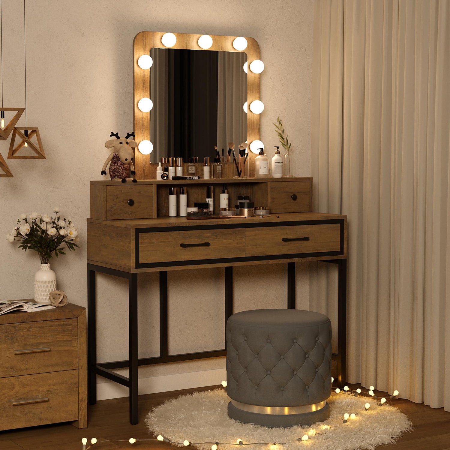 RoyalCraft Vanity, Makeup Vanity Desk with 3 Color Dimmable Lighted Hollywood Mirror, Brown Vanity with 4 Drawers, Large Dressing Table for Women RoyalCraft