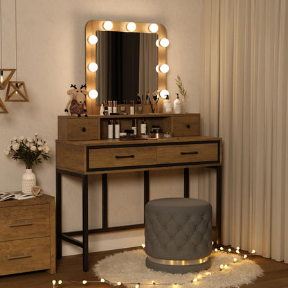 RoyalCraft Vanity, Makeup Vanity Desk with 3 Color Dimmable Lighted Hollywood Mirror, Brown Vanity with 4 Drawers, Large Dressing Table for Women - WoodArtSupply