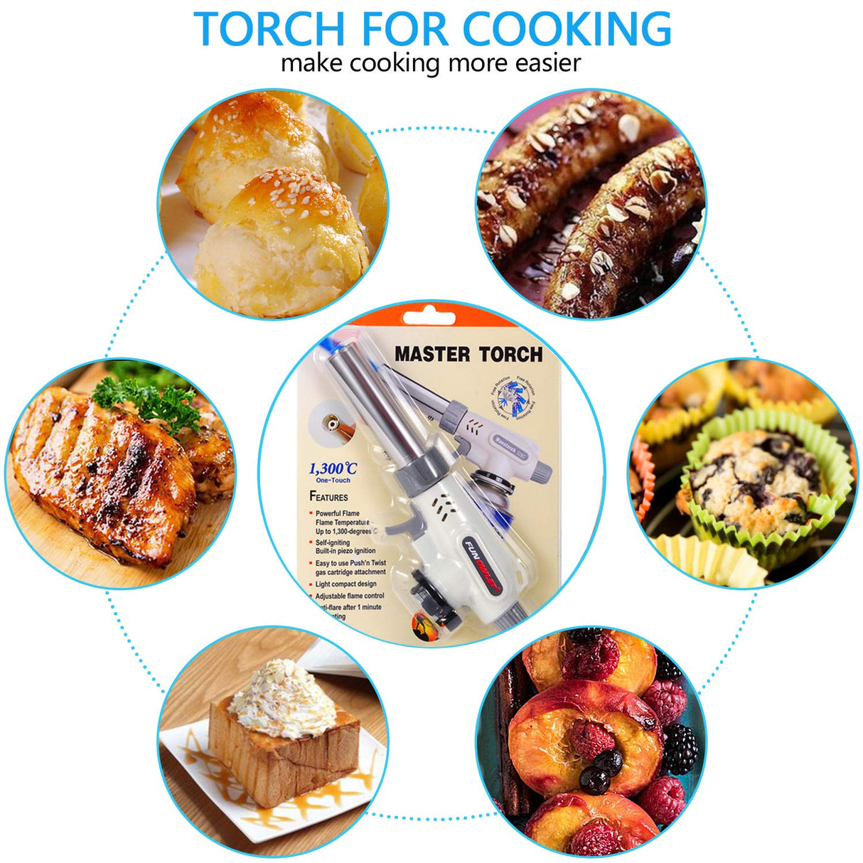 FunOwlet,Butane Torch Kitchen Blow Lighter, Culinary Torches Head Professional Chef Cooking Adjustable Flame For Sous Vide, Creme Brulee, Baking, BBQ FunOwlet