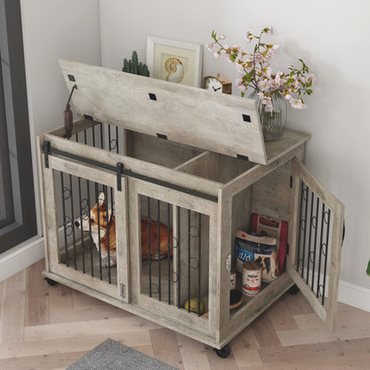 Rophefx Dog Crate Furniture with Divider for 2 Puppies, Dog Kennel Indoor with Sliding Door, Puppy Dog Cage with Flip-up Top and Wheels, Indoor - WoodArtSupply