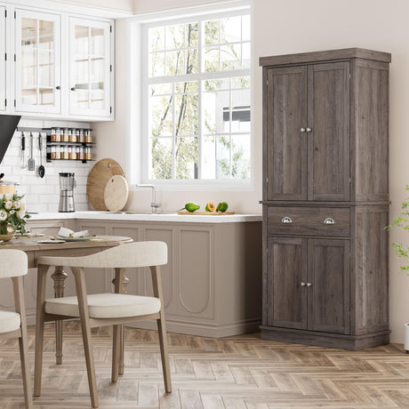 FOTOSOK 72" Kitchen Pantry Storage Cabinets with Drawer, Freestanding Cupboard with 4 Doors, Drawer, 4 Shelves, Utility Pantry Cabinet for Kitchen, FOTOSOK