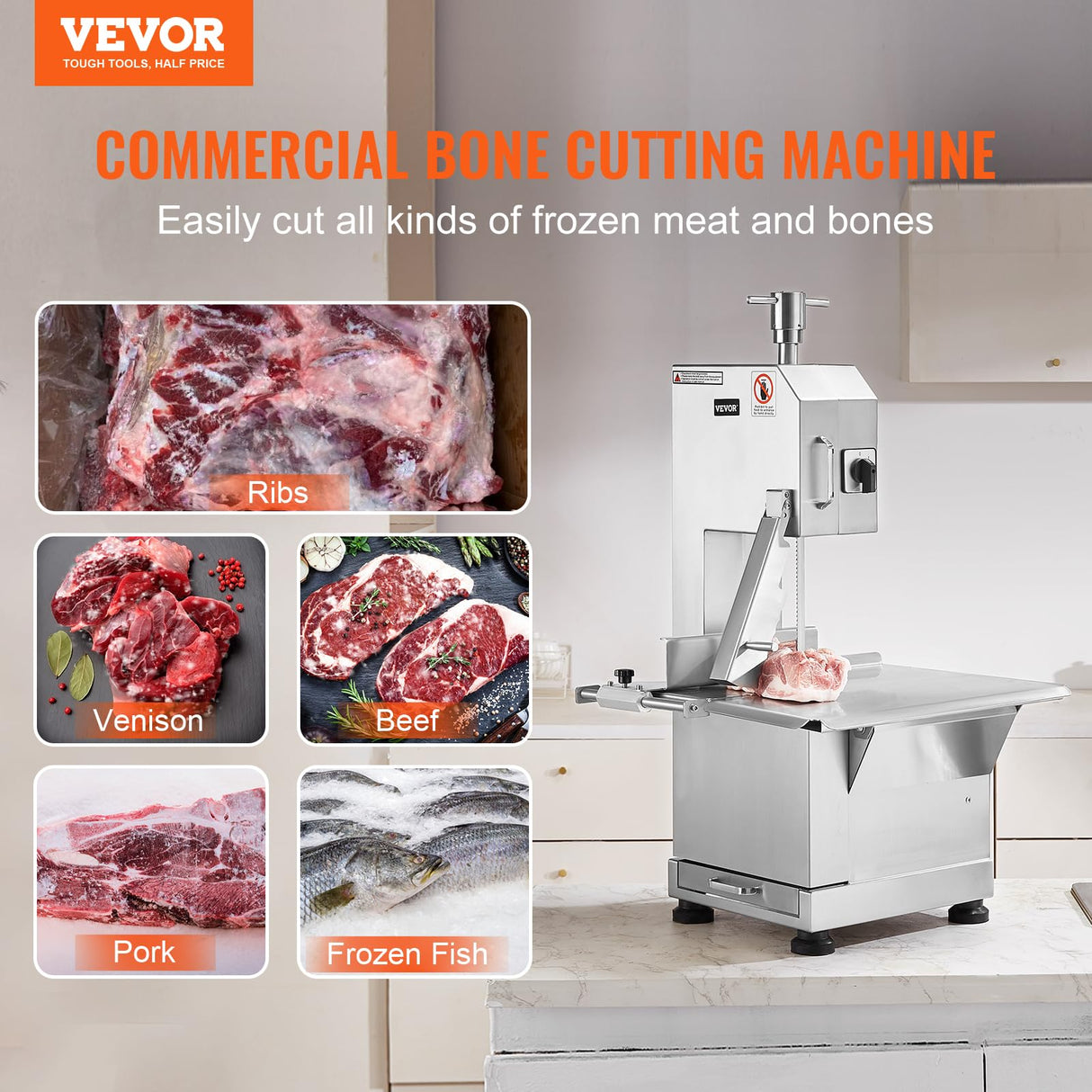 VEVOR Commercial Electric Meat Bandsaw, 2200W Stainless Steel Countertop Bone Sawing Machine, Workbeach 18.5" x 20.9", 0-7.1 Inch Cutting Thickness, VEVOR